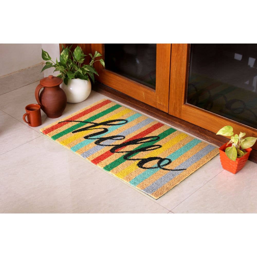 Hello Striped Colorful Doormat