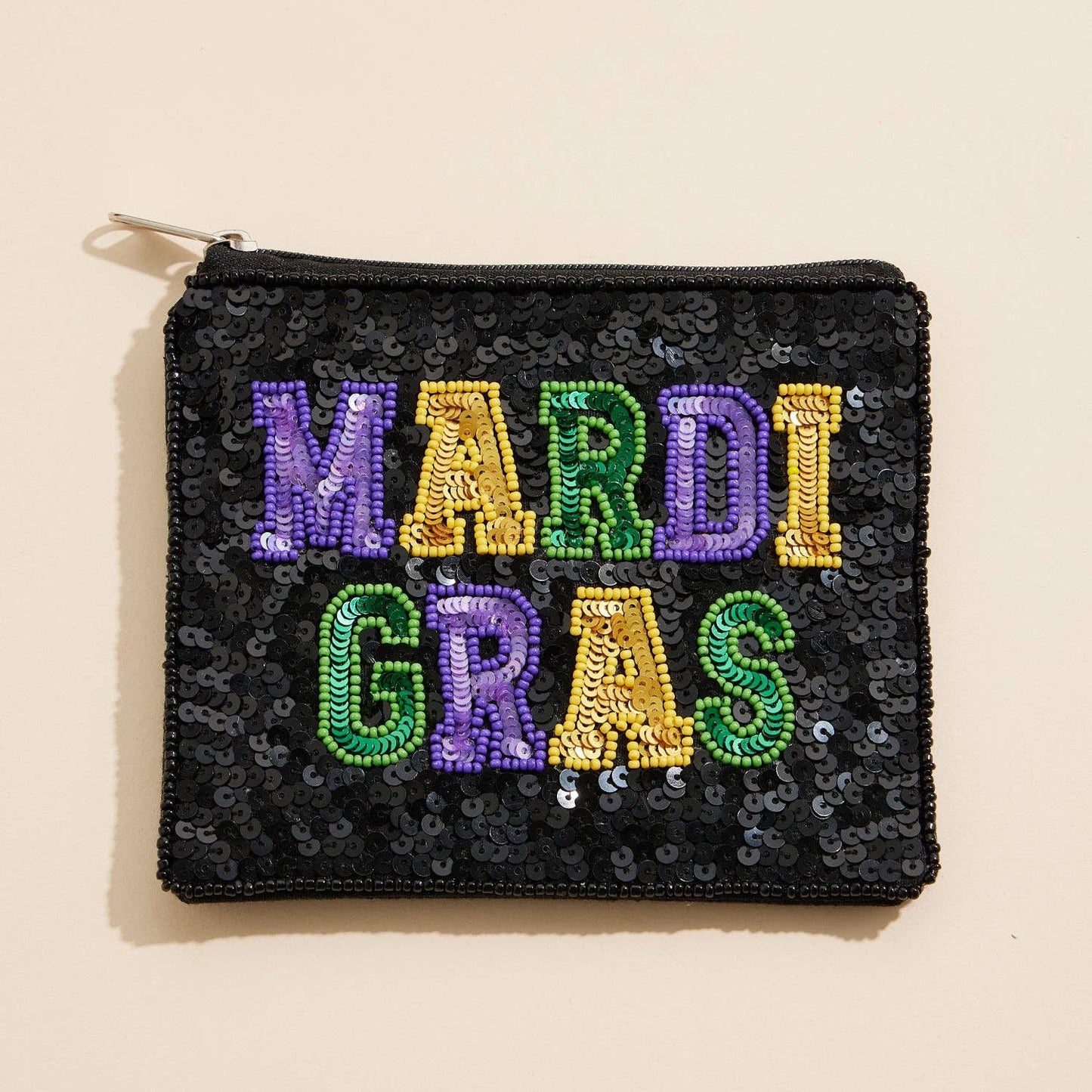 Mardi Gras Beaded Sequin Pouch with Bold Lettering