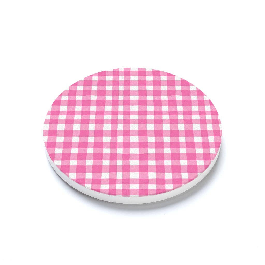 Ceramic Round Coaster-Pink Plaid Pattern