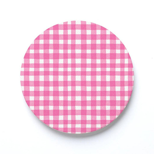 Ceramic Round Coaster-Pink Plaid Pattern