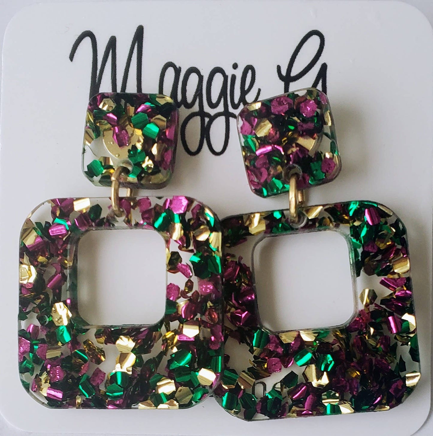 Mardi Gras Chunky Glitter Purple Green & Gold Earrings