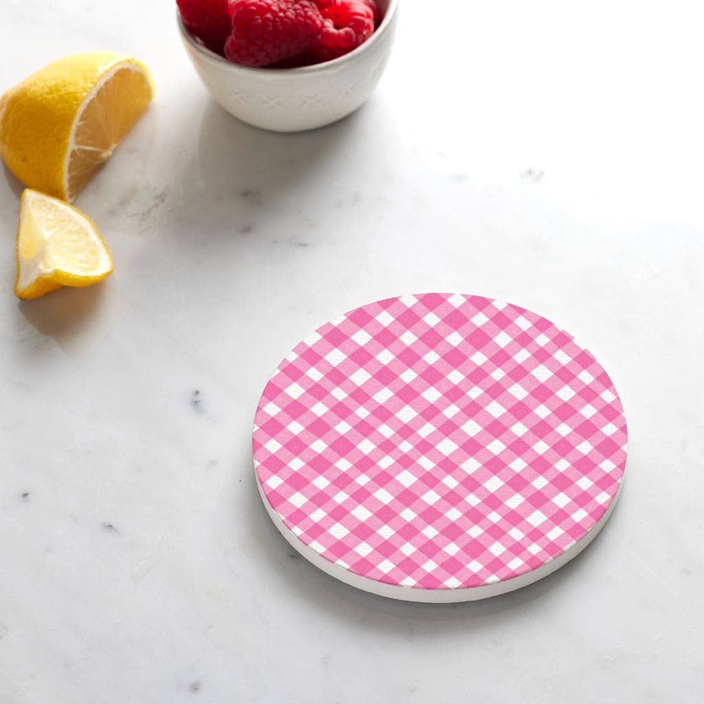 Ceramic Round Coaster-Pink Plaid Pattern