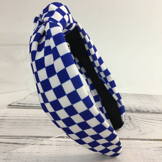 Blue and white checkered knot headband 