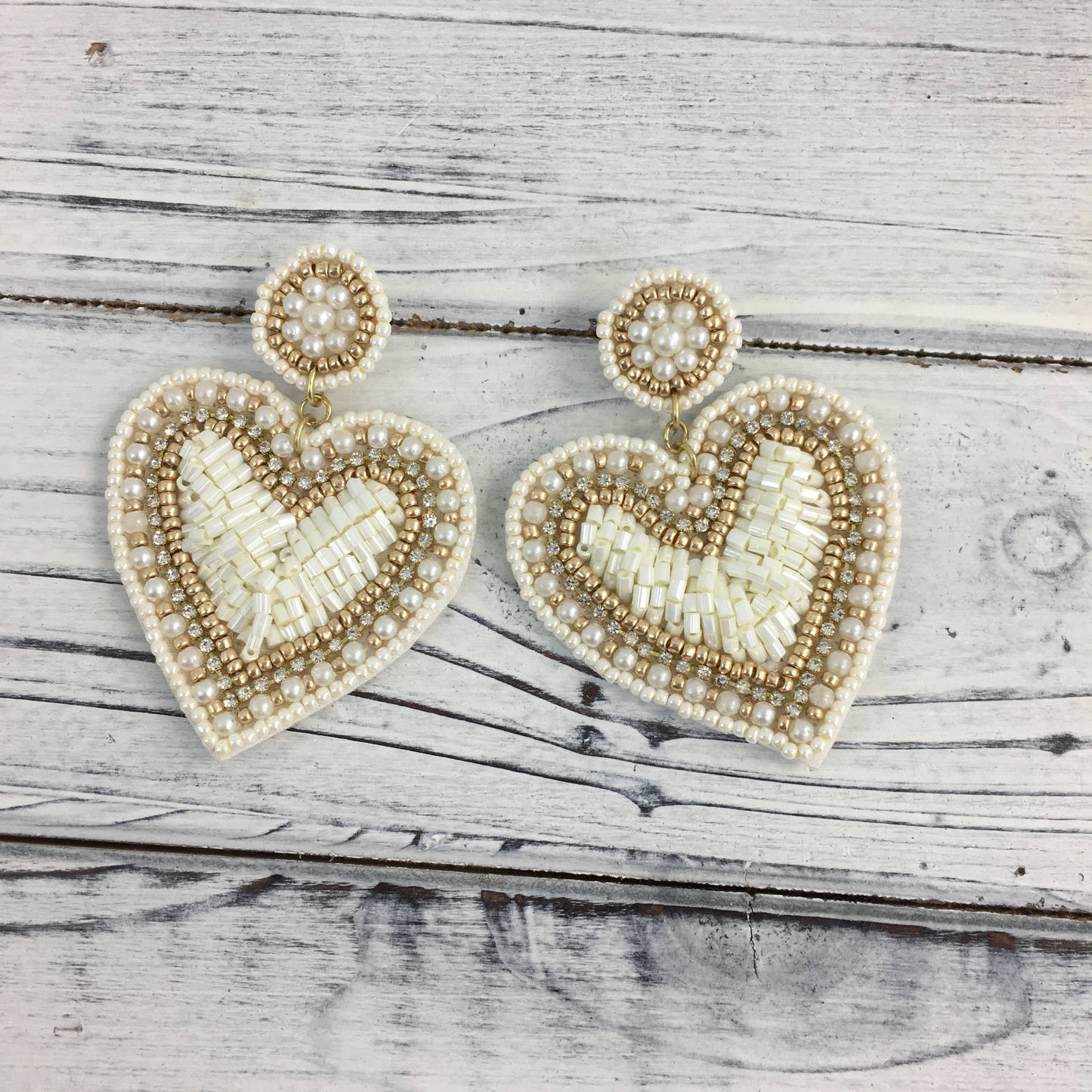 White Beaded Heart Earrings